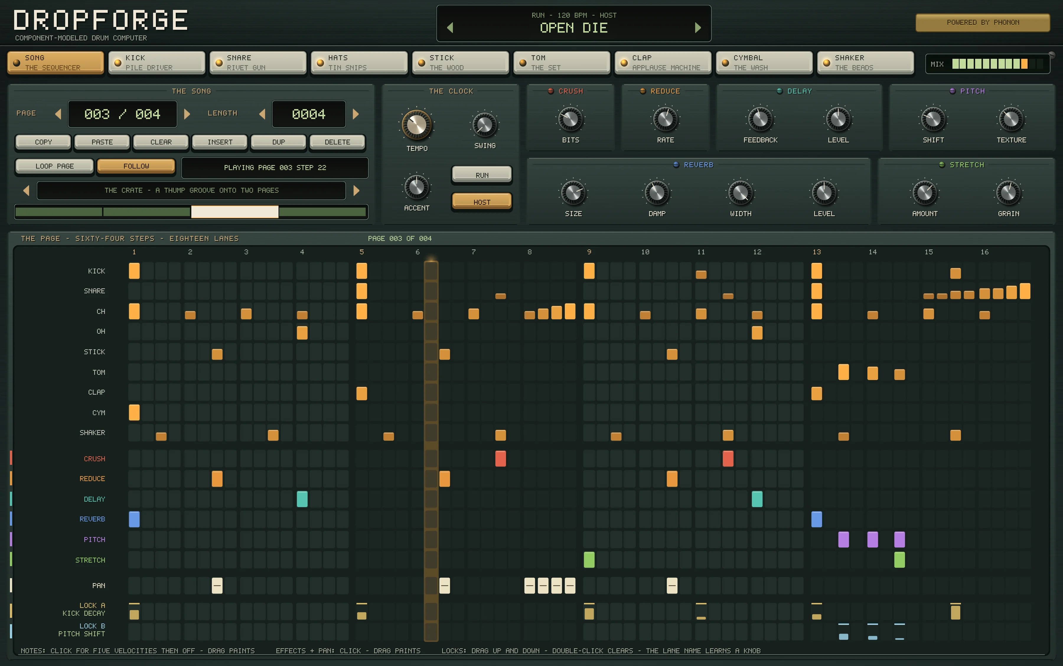THE SONG page of the Dropforge panel, which the camera moves across part by part: the song's plate, the nine lanes of notes, the six of effects, PAN, the two locks, and the effects' knobs.