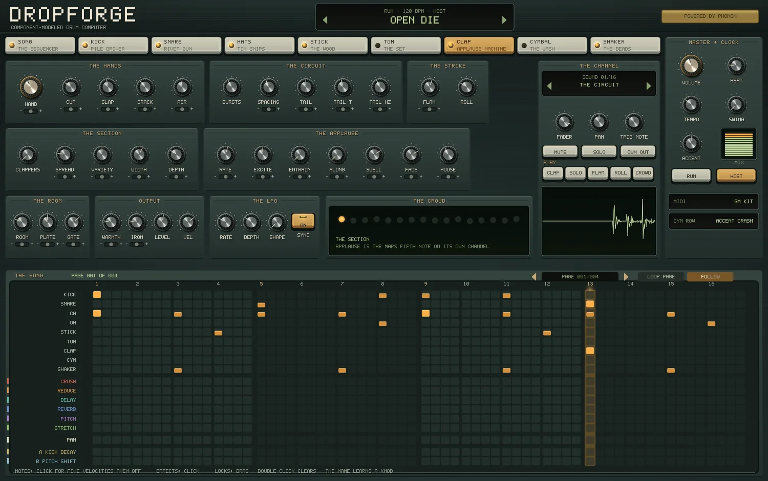 The CLAP page of the Dropforge panel: THE HANDS, THE CIRCUIT, THE STRIKE, THE SECTION, THE APPLAUSE, THE ROOM, OUTPUT, THE LFO and the crowd live, the channel with pads up to a crowd, and the song's page beneath, playing.
