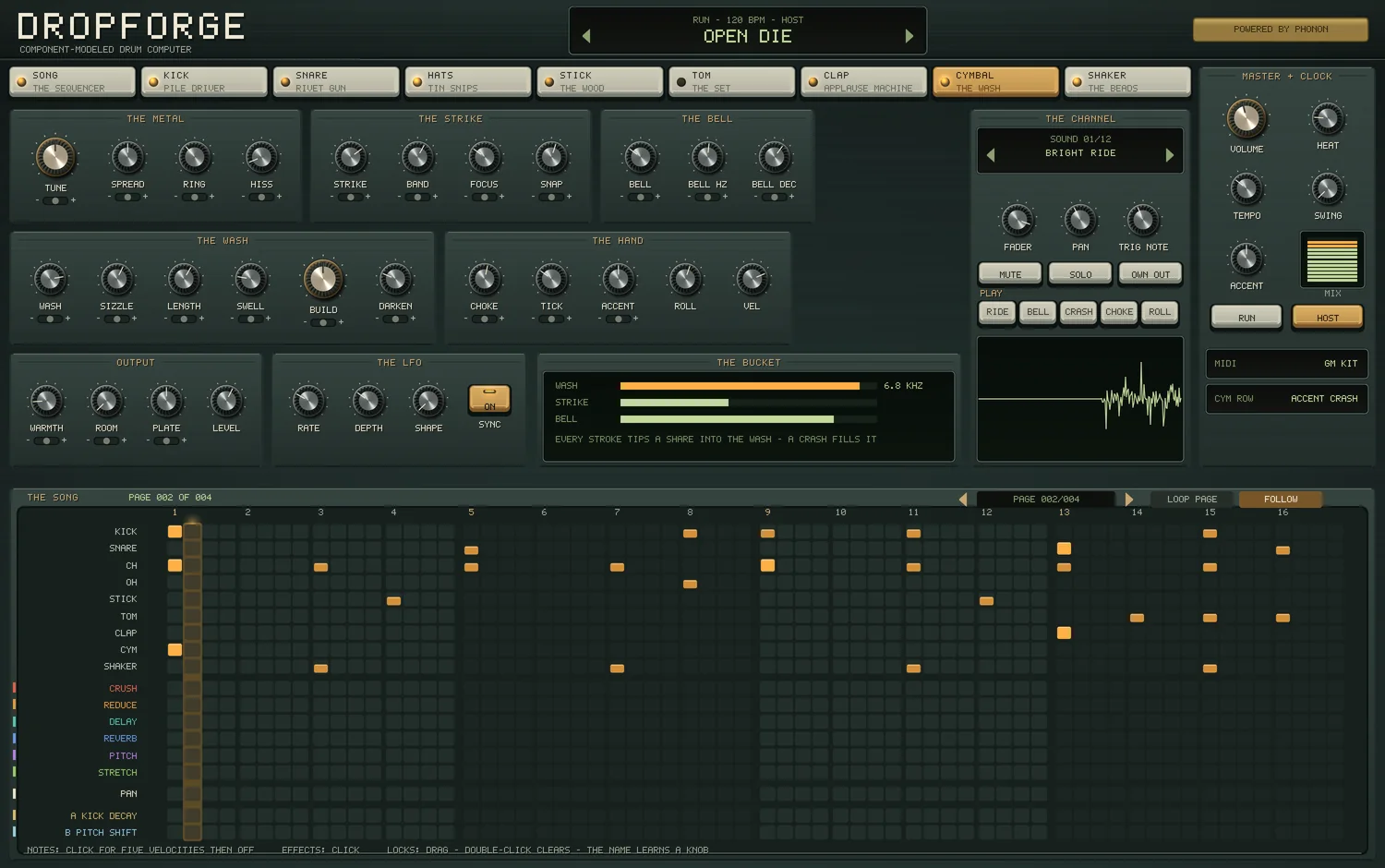 The CYMBAL page of the Dropforge panel: THE METAL, THE STRIKE, THE BELL, THE WASH, THE HAND, OUTPUT, THE LFO and the wash filling live, the channel with pads for ride, bell, crash, choke and roll, and the song's page beneath, playing.