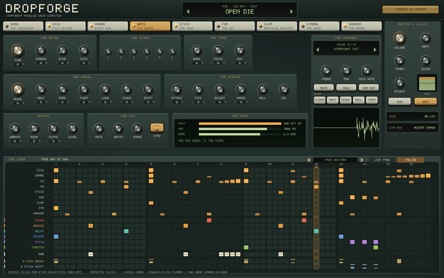 The HATS page of the Dropforge panel: THE METAL, THE STACK of six oscillators, THE TONE, THE PEDAL, THE STRIKE, OUTPUT, THE LFO and the foot live, the channel with pads from closed to open, and the song's page beneath, playing.