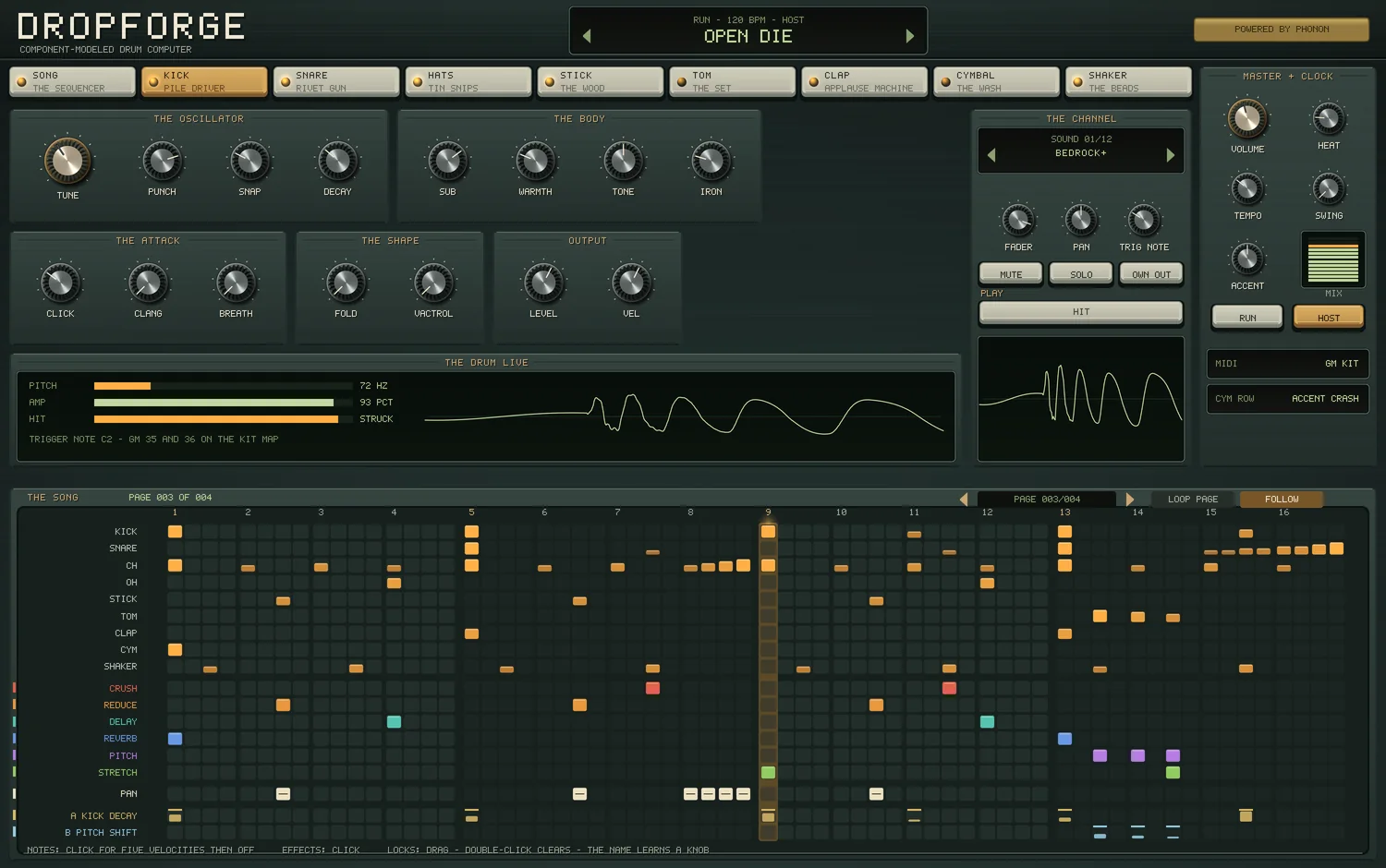 The KICK page of the Dropforge panel: THE OSCILLATOR, THE BODY, THE ATTACK, THE SHAPE and OUTPUT, the drum's pitch and level live, the channel with its sound, fader and pan, the master and clock, and the song's page beneath, playing.