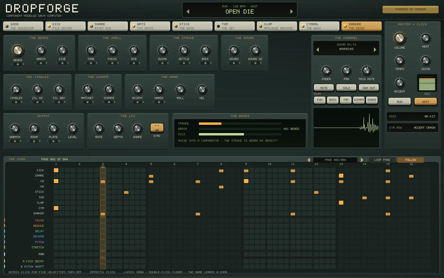 The SHAKER page of the Dropforge panel: THE BEADS, THE SHELL, THE STROKE, THE GOURD, THE JINGLES, THE SCRAPE, THE HAND, OUTPUT, THE LFO and the beads live, the channel with pads for each stroke, and the song's page beneath, playing.