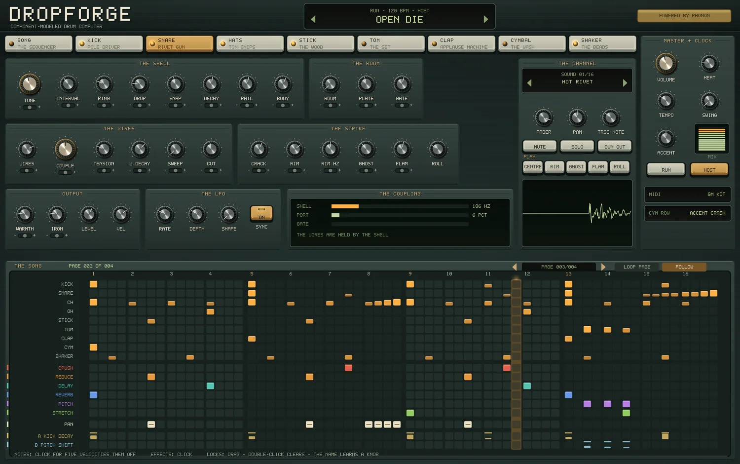 The SNARE page of the Dropforge panel: THE SHELL, THE ROOM, THE WIRES, THE STRIKE, OUTPUT, THE LFO and the shell and wires' coupling live, the channel with a pad for each stroke, and the song's page beneath, playing.