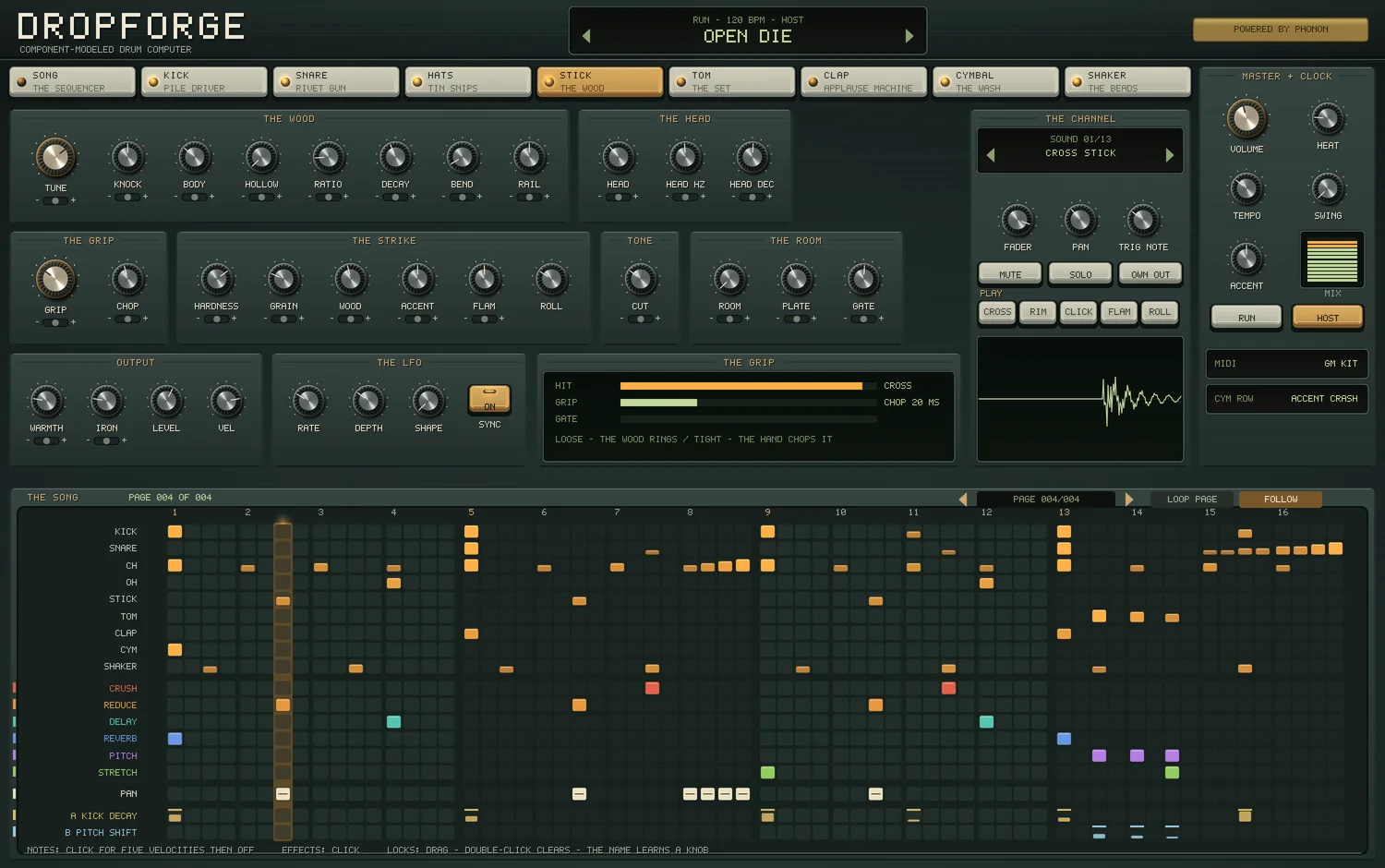 The STICK page of the Dropforge panel: THE WOOD, THE HEAD, THE GRIP, THE STRIKE, TONE, THE ROOM, OUTPUT, THE LFO and the grip live, the channel with pads for cross, rim, click, flam and roll, and the song's page beneath, playing.