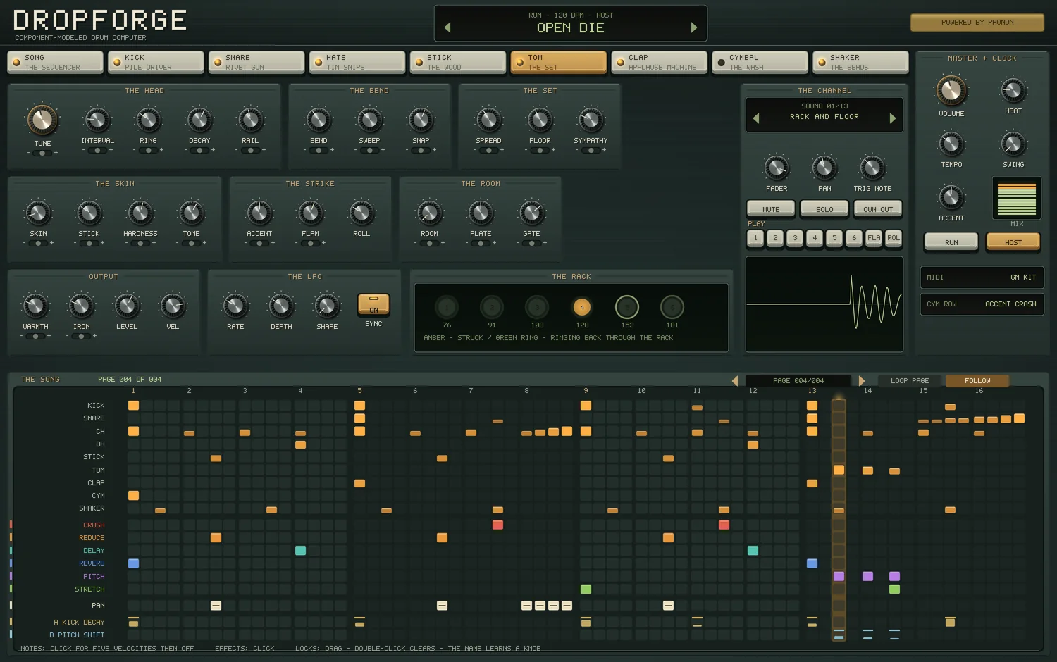 The TOM page of the Dropforge panel: THE HEAD, THE BEND, THE SET, THE SKIN, THE STRIKE, THE ROOM, OUTPUT and THE LFO, the rack live with the struck head in amber and a head ringing back in green, the channel with a pad for each of the six, and the song's page beneath, playing.