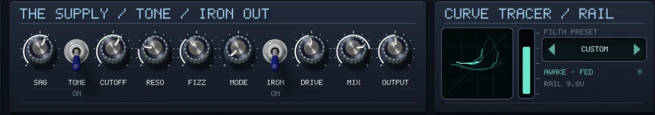 The rest of the row: THE SUPPLY / TONE / IRON OUT, with SAG, a TONE switch, CUTOFF, RESO, FIZZ, MODE, an IRON switch, DRIVE, MIX and OUTPUT; and CURVE TRACER / RAIL, where a small screen draws the channel's input against its output as a lit loop, a tall meter stands beside it, a preset strip reads CUSTOM, and the status reads AWAKE - FED, RAIL 9.8V.