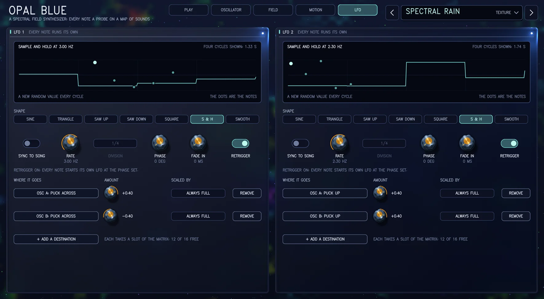 The LFO page with the patch Spectral Rain: LFO 1 and LFO 2 side by side, each headed EVERY NOTE RUNS ITS OWN. Each has a display of four cycles of a sample and hold wave with the notes as dots along it, SHAPE buttons SINE, TRIANGLE, SAW UP, SAW DOWN, SQUARE, S & H and SMOOTH with S & H chosen, a SYNC TO SONG switch, RATE, PHASE and FADE IN dials and a RETRIGGER switch. Under each, WHERE IT GOES: LFO 1 to OSC A: PUCK ACROSS at +0.40 and OSC B: PUCK ACROSS at -0.40, LFO 2 to OSC A: PUCK UP and OSC B: PUCK UP at +0.40 each, every row with SCALED BY reading ALWAYS FULL and a REMOVE button, then + ADD A DESTINATION and the line EACH TAKES A SLOT OF THE MATRIX: 12 OF 16 FREE.
