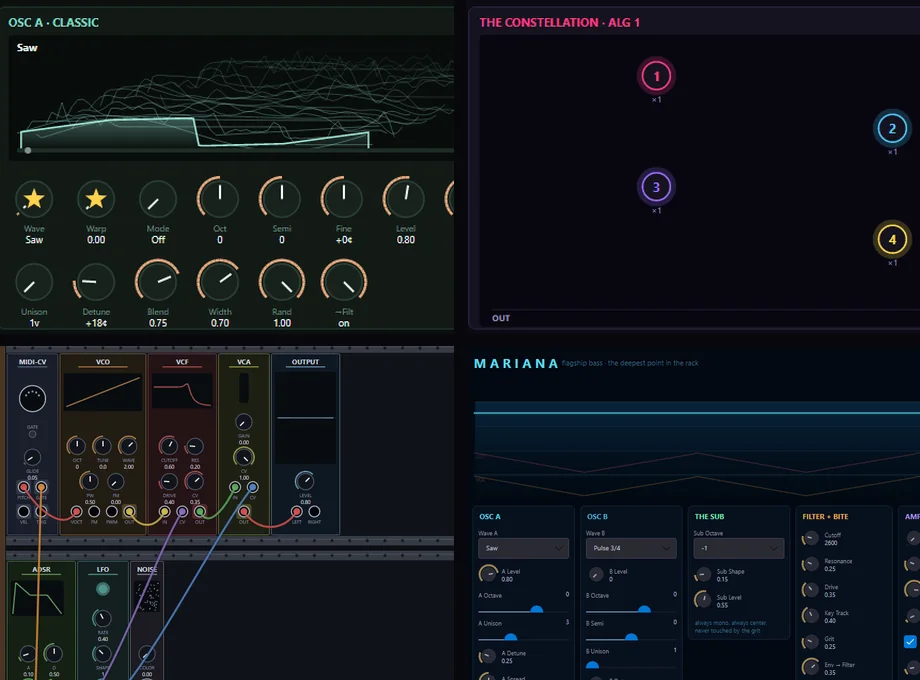 Four flagship synth panels: Cascadia's wavetable stack, Shinjuku's operator constellation, Gräfelfing's patched modular rack, and Mariana's trench display.