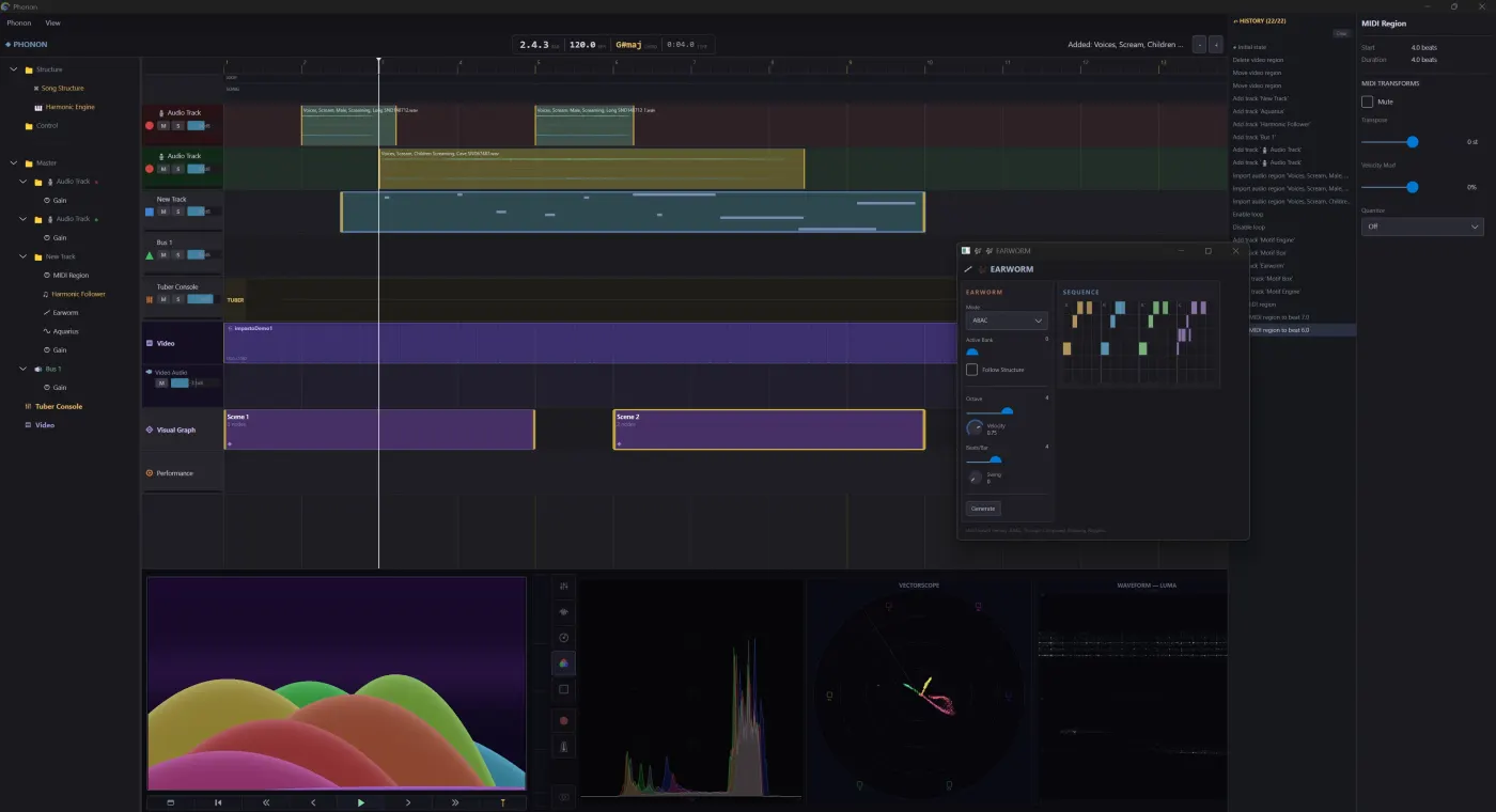 Phonon screenshot: Earworm & video scopes