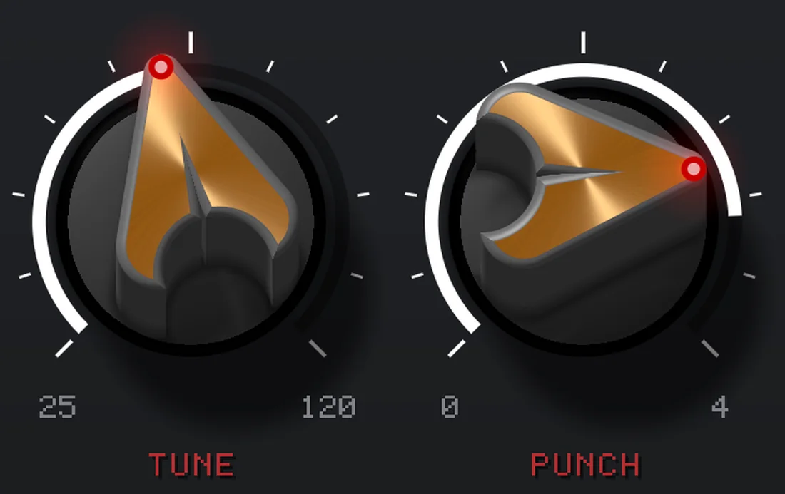 A close-up of two Pile Driver knobs, TUNE and PUNCH: dark barrels, each with a broad brass wedge across its face lit along one edge, reaching from the spindle to a glowing red bead at the rim - TUNE's near the top, PUNCH's swung round to the right. A white arc outside each one fills from its start to the bead, with eleven ticks around it and the scales 25 to 120 and 0 to 4 printed underneath. The labels are in oxblood.