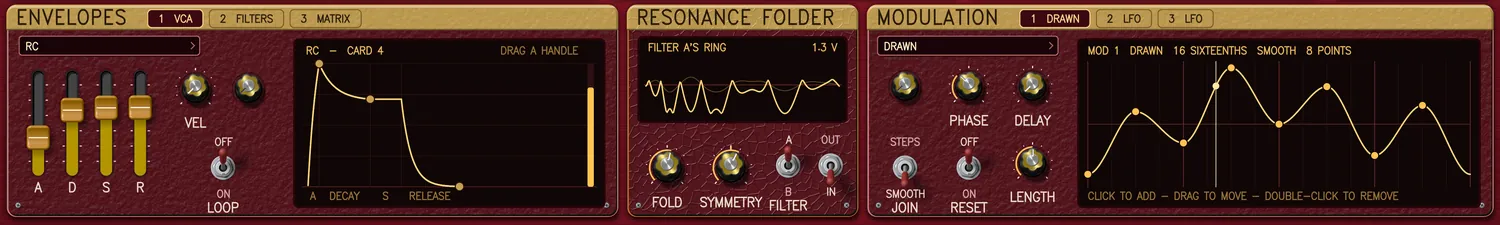 The bottom row of THE CARD, wearing RIDGE AND RING: ENVELOPES with an RC board's four sliders and its curve; between it and MODULATION the RESONANCE FOLDER, its screen headed FILTER A'S RING and 1.3 V, drawing the ring and the ring folded, with FOLD and SYMMETRY knobs, a FILTER switch at A and a switch set to IN; and MODULATION on DRAWN, a loop of eight gold points over sixteen sixteenths.