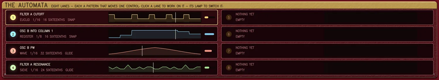 THE AUTOMATA - EIGHT LANES, wearing CLOCKWORK: lane 1, FILTER A CUTOFF, EUCLID 1/16, 16 SIXTEENTHS, SNAP, in gold; lane 2, OSC B INTO COLUMN 1, REGISTER, in blue; lane 3, OSC B PW, WAVE, GLIDE, in coral; lane 4, FILTER A RESONANCE, SIEVE, GLIDE, in green; each with a strip of its pattern and a playhead, and lanes 5 to 8 reading NOTHING YET.