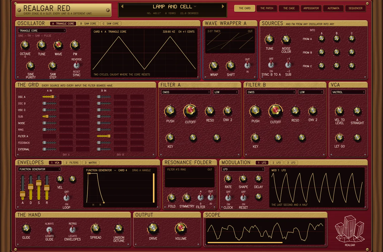THE CARD page again, wearing the preset LAMP AND CELL: the first oscillator bay now reads TRIANGLE CORE with knobs lettered SINE PURITY and SAW STEP and a REVERSE / RESET SYNC switch, the VCA bay reads VACTROL with a LET GO knob, the first envelope bay reads FUNCTION GENERATOR, the grid has only two live columns because the fitted filter boards have only two inputs between them, and the modulation card's display traces its LFO.