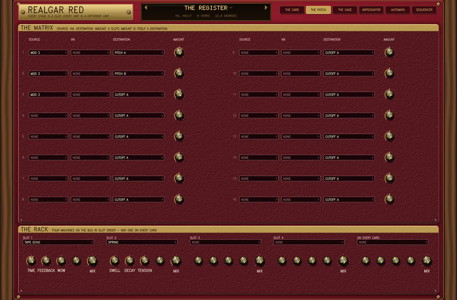 THE PATCH page of the Realgar Red panel, wearing the preset THE REGISTER. THE MATRIX - SOURCE. VIA. DESTINATION. AMOUNT. A SLOTS AMOUNT IS ITSELF A DESTINATION: sixteen slots in two columns, the first three reading MOD 3 into PITCH A, PITCH B and CUTOFF A. Below it THE RACK - FOUR MACHINES ON THE BUS IN SLOT ORDER - AND ONE ON EVERY CARD, with TAPE ECHO in slot 1, SPRING in slot 2, and the rest empty.