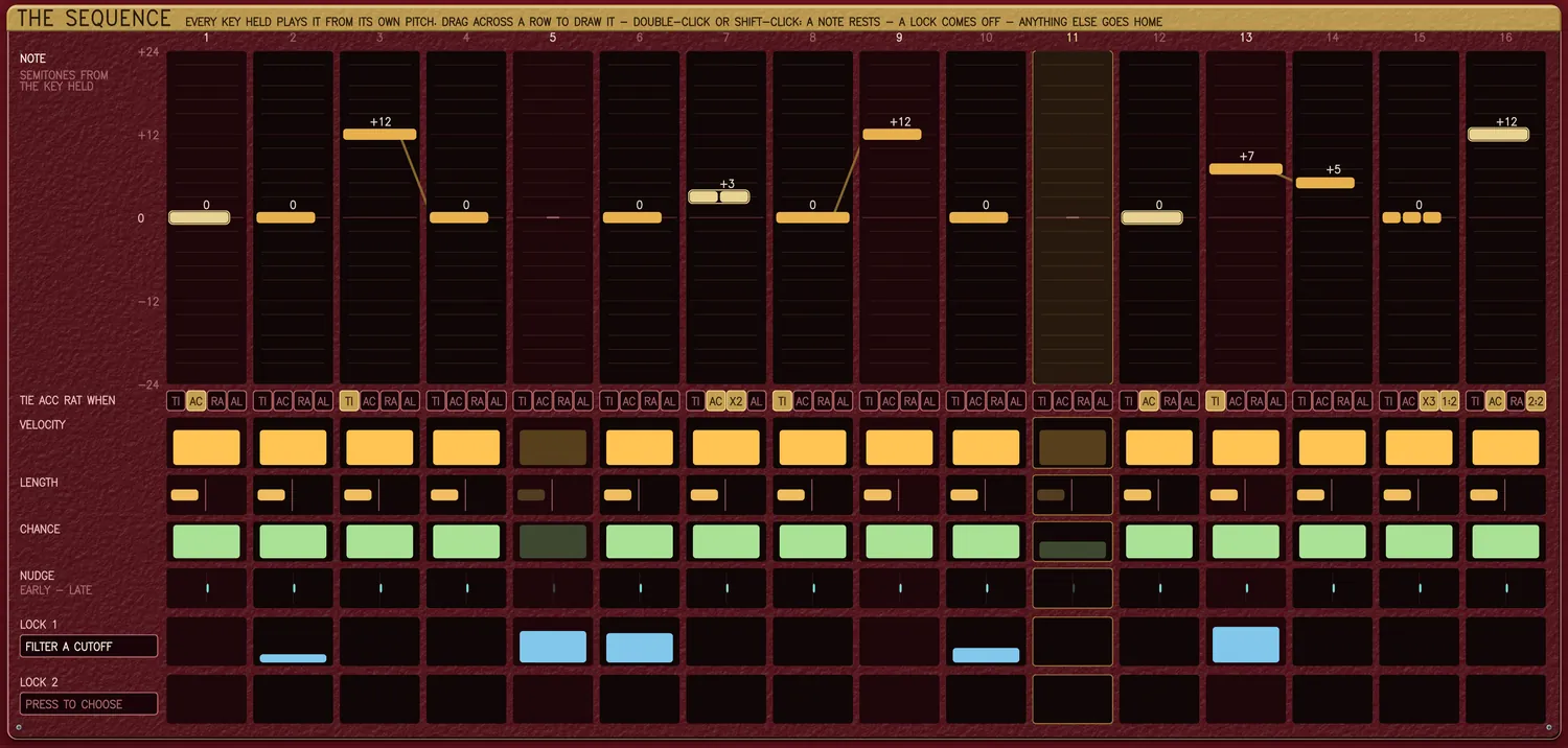 THE SEQUENCE, wearing STEP LADDER with one key held: sixteen columns of notes drawn as gold bars at 0, +3, +5, +7 and +12 semitones from the key, ties drawn as lines between them, a step split into three for a ratchet, and step 11 lit. Under the roll, a row of switches for each step, then VELOCITY, LENGTH, CHANCE and NUDGE, and a LOCK 1 lane set to FILTER A CUTOFF holding a different value on some steps.