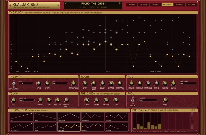 The ARPEGGIATOR page: THE FLOCK drawing the path it will trace over two bars as a gold line of notes, two canon voices above it in blue and violet, and below it the controls and the ten contours drawn as shapes.