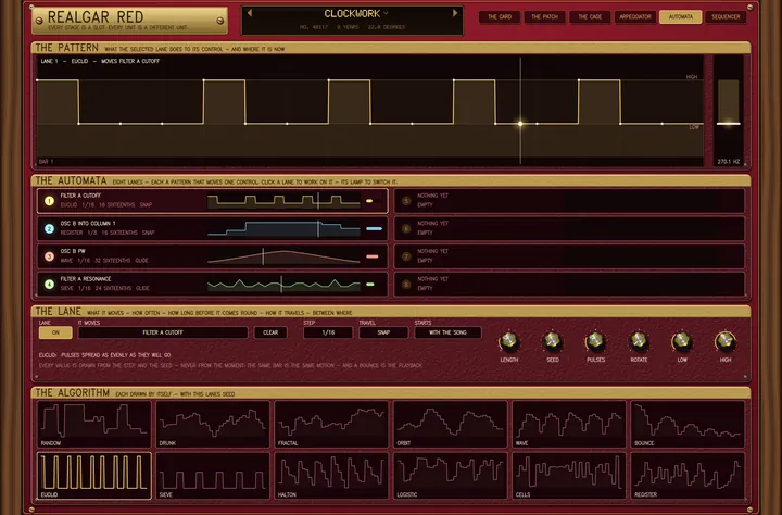 The AUTOMATA page: lane 1's pattern drawn large as a square wave on FILTER A CUTOFF, the eight lanes under it with four live in their own colours, and the twelve algorithm tiles along the bottom.