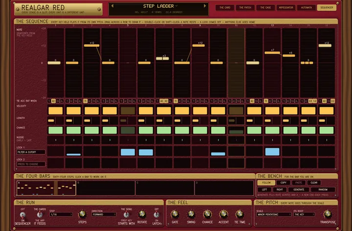 The SEQUENCER page: sixteen steps of notes as gold bars on a roll with ties drawn between them, rows for velocity, length, chance, nudge and a lock on FILTER A CUTOFF, and the four bars and the controls below.