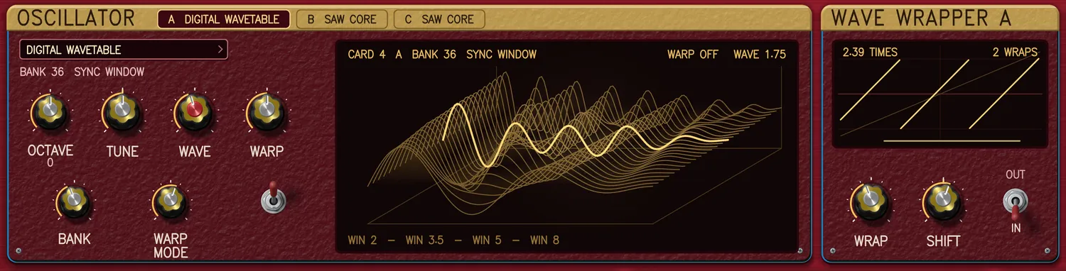 The OSCILLATOR card and, beside it, WAVE WRAPPER A, wearing RIDGE AND RING: bay A is the DIGITAL WAVETABLE on BANK 36 SYNC WINDOW, its scope the whole bank in three dimensions with one wave lit; the wrapper's screen reads 2.39 TIMES and 2 WRAPS and draws the bay's swing as three bright rising teeth over a faint diagonal, with WRAP and SHIFT knobs and a switch set to IN.