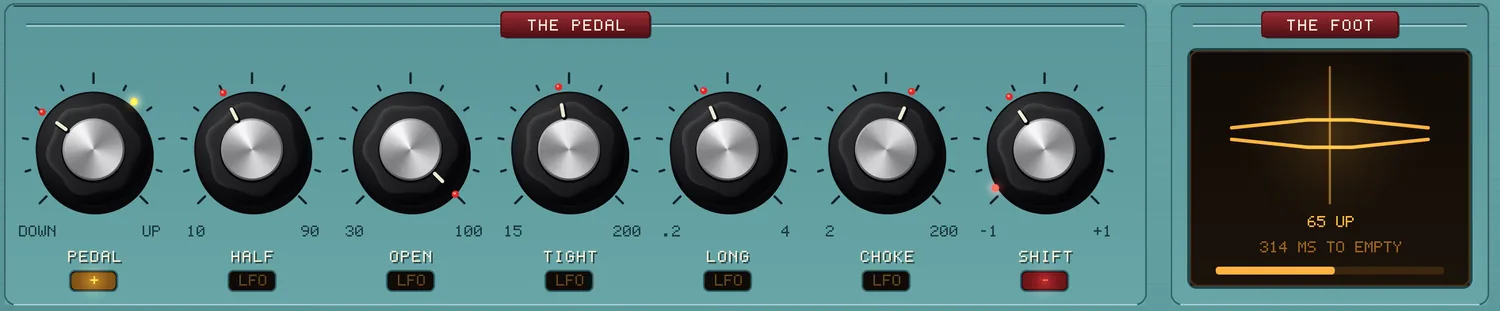 THE PEDAL box on the panel - PEDAL, HALF, OPEN, TIGHT, LONG, CHOKE and SHIFT, with PEDAL lit amber and SHIFT lit red - beside THE FOOT, a window behind amber glass showing two plates drawn edge on and slightly apart, reading 65 UP and 314 MS TO EMPTY with a bar beneath.