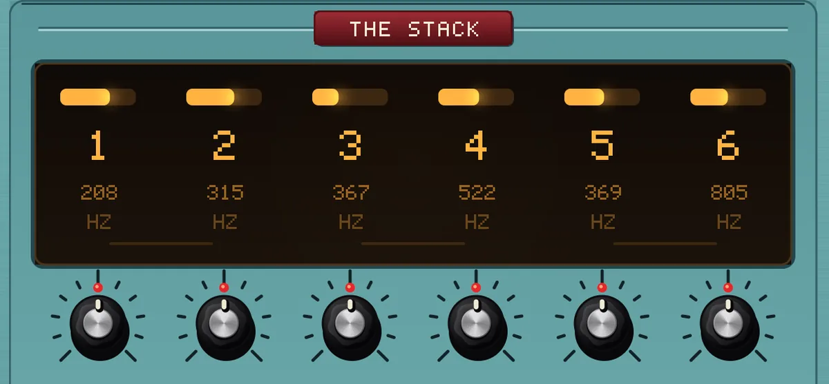 THE STACK on the panel: a window behind amber glass showing six numbered oscillators, each with a lit lamp above it and its real pitch below - 208, 315, 367, 522, 369 and 805 Hz - with six trimmer knobs underneath, one per oscillator.