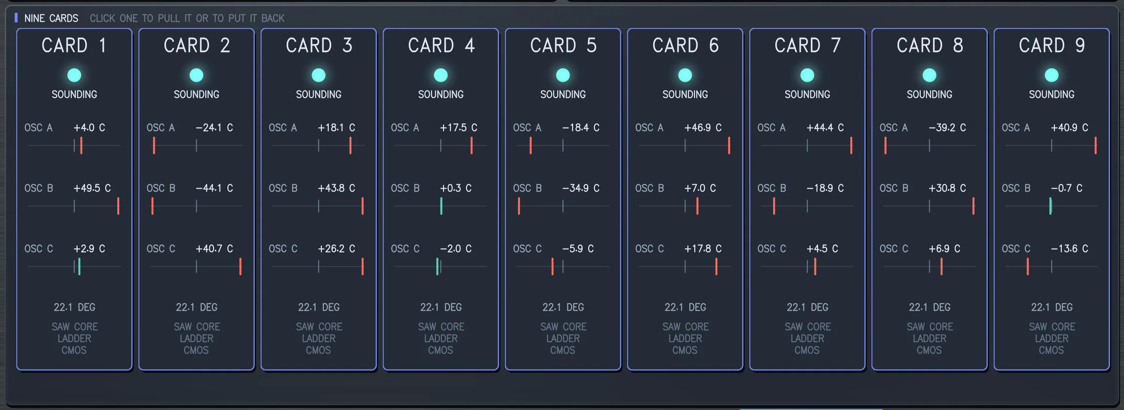 THE CAGE's nine cards in the glass, every one sounding, each showing its three oscillators' distance from true in cents, and no two of them alike.