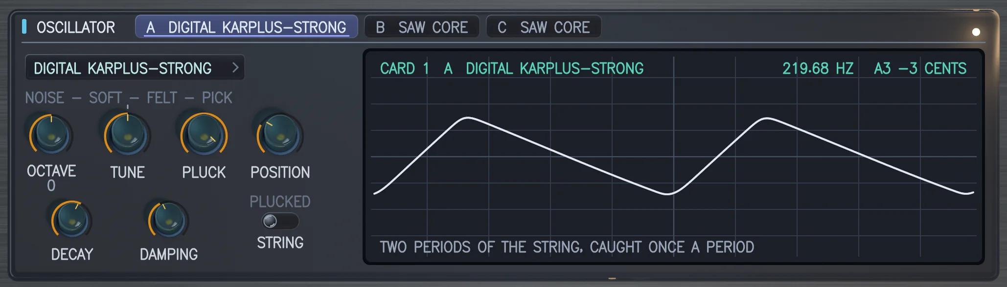 The OSCILLATOR card with DIGITAL KARPLUS-STRONG fitted in bay A: two periods of a plucked string, its knobs lettered DECAY and DAMPING.