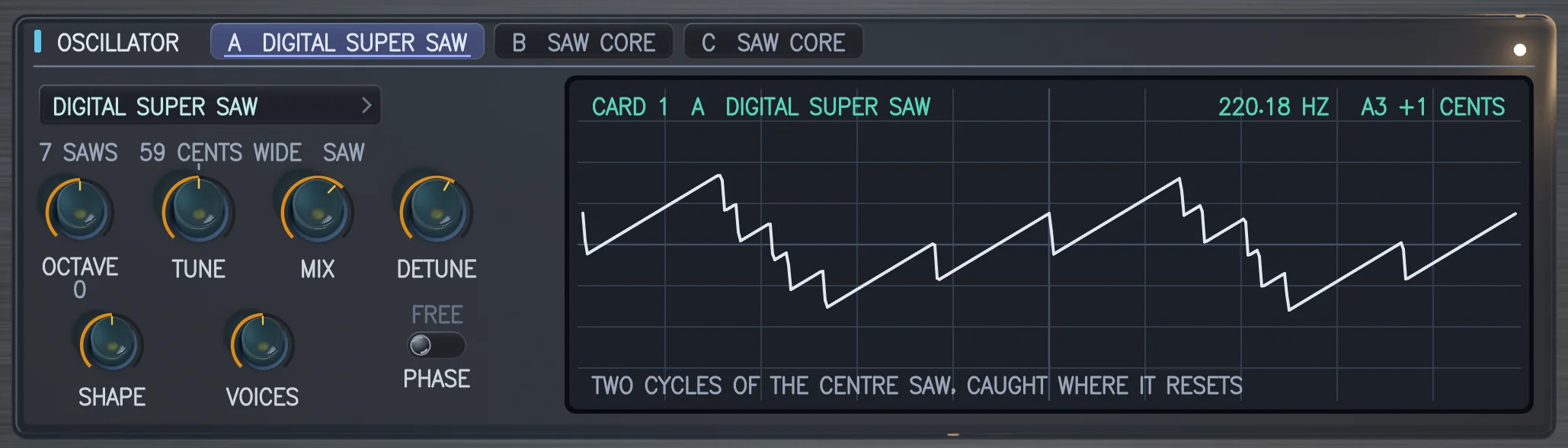 The OSCILLATOR card with DIGITAL SUPER SAW fitted in bay A: the centre saw of seven, 59 cents wide.