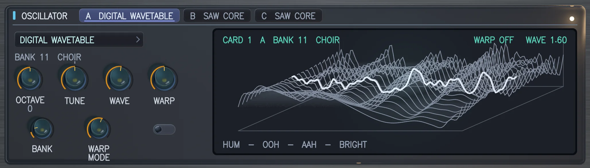 The OSCILLATOR card with DIGITAL WAVETABLE fitted in bay A: the CHOIR bank in three dimensions, from HUM to BRIGHT, the wave it is reading lit.