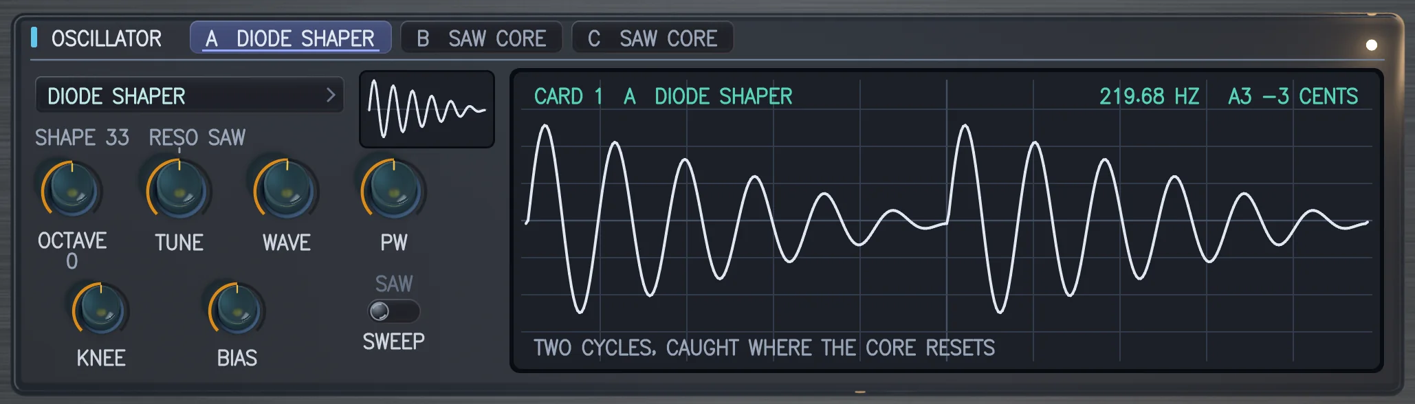 The OSCILLATOR card with DIODE SHAPER fitted in bay A: shape 33, RESO SAW, as this card's ladder of diodes makes it, its knobs lettered KNEE and BIAS.