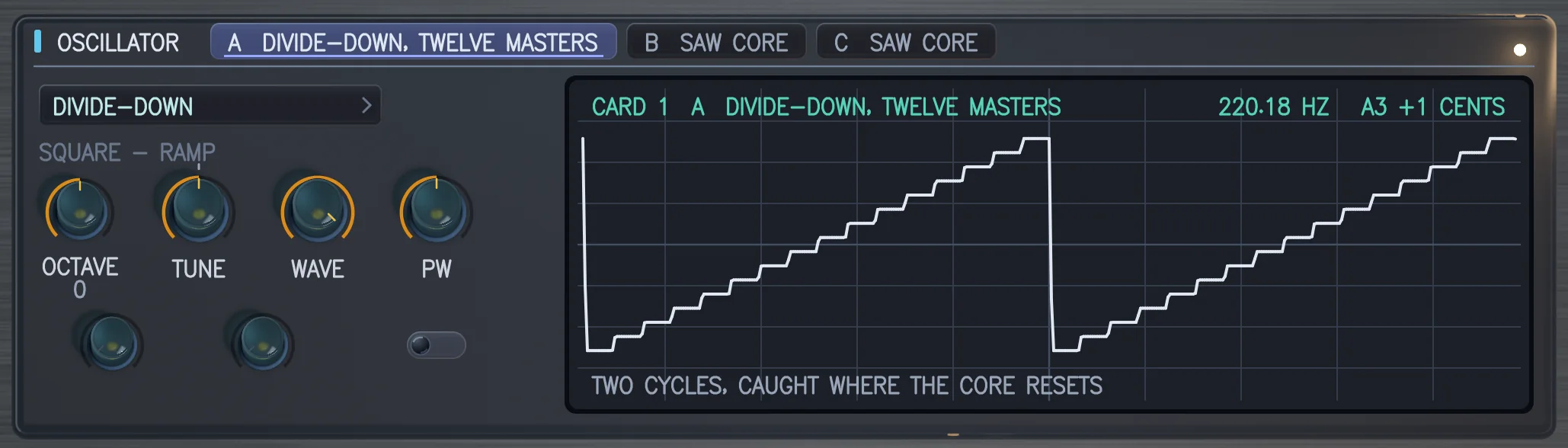 The OSCILLATOR card with DIVIDE-DOWN fitted in bay A: a stepped ramp off the bank's TWELVE MASTERS.