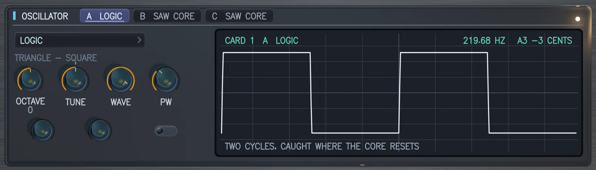 The OSCILLATOR card with LOGIC fitted in bay A: two cycles of a square.