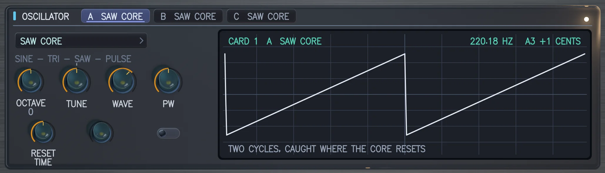 The OSCILLATOR card with SAW CORE fitted in bay A: two cycles of a saw, caught where the core resets.