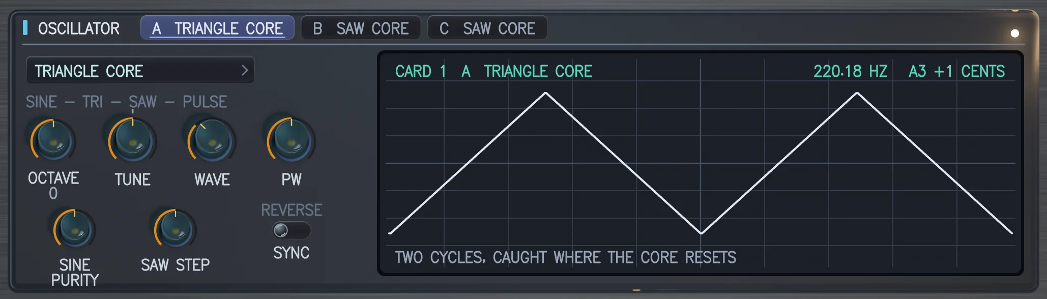 The OSCILLATOR card with TRIANGLE CORE fitted in bay A: two cycles of a triangle, its knobs lettered SINE PURITY and SAW STEP.