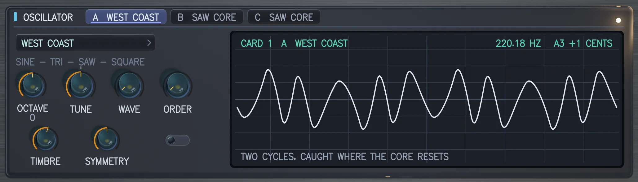 The OSCILLATOR card with WEST COAST fitted in bay A: a folded sine, its knobs lettered TIMBRE and SYMMETRY.