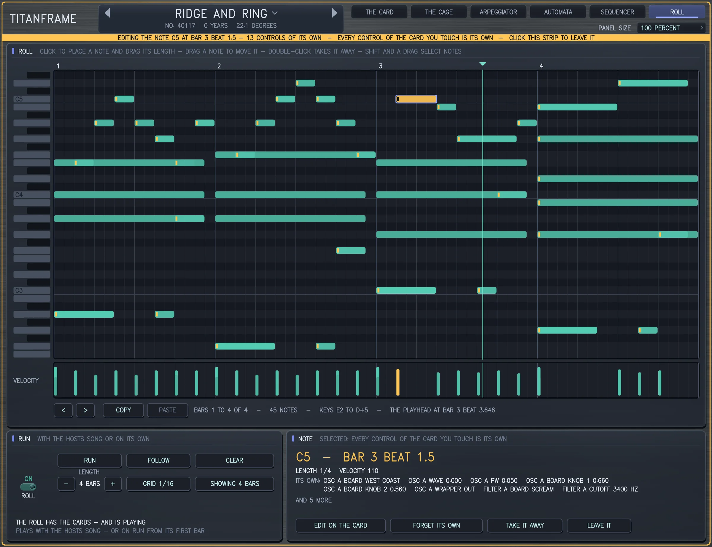 The ROLL page of the Titanframe panel in its glass, wearing RIDGE AND RING: four bars of a bass, a pluck, chords, a lead and a closing swell as mint bars on a piano roll, the playhead in the third bar, and one note of the lead selected in amber. Below it the NOTE card lists the controls that note owns: WEST COAST in oscillator bay A, its wave and its knobs, and the SCREAM filter.