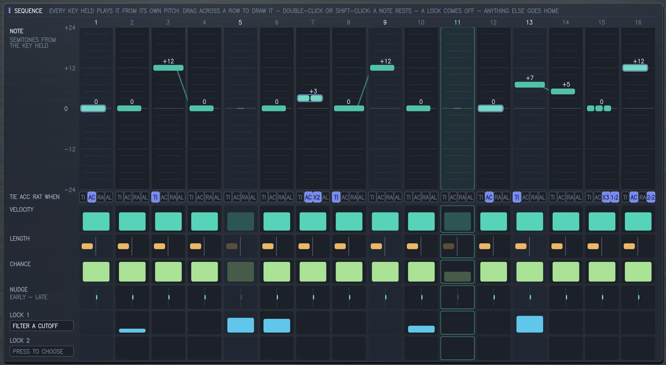 The SEQUENCER wearing STEP LADDER: notes as mint bars on a roll with ties drawn between them, and rows for velocity, length, chance, nudge and a lock.