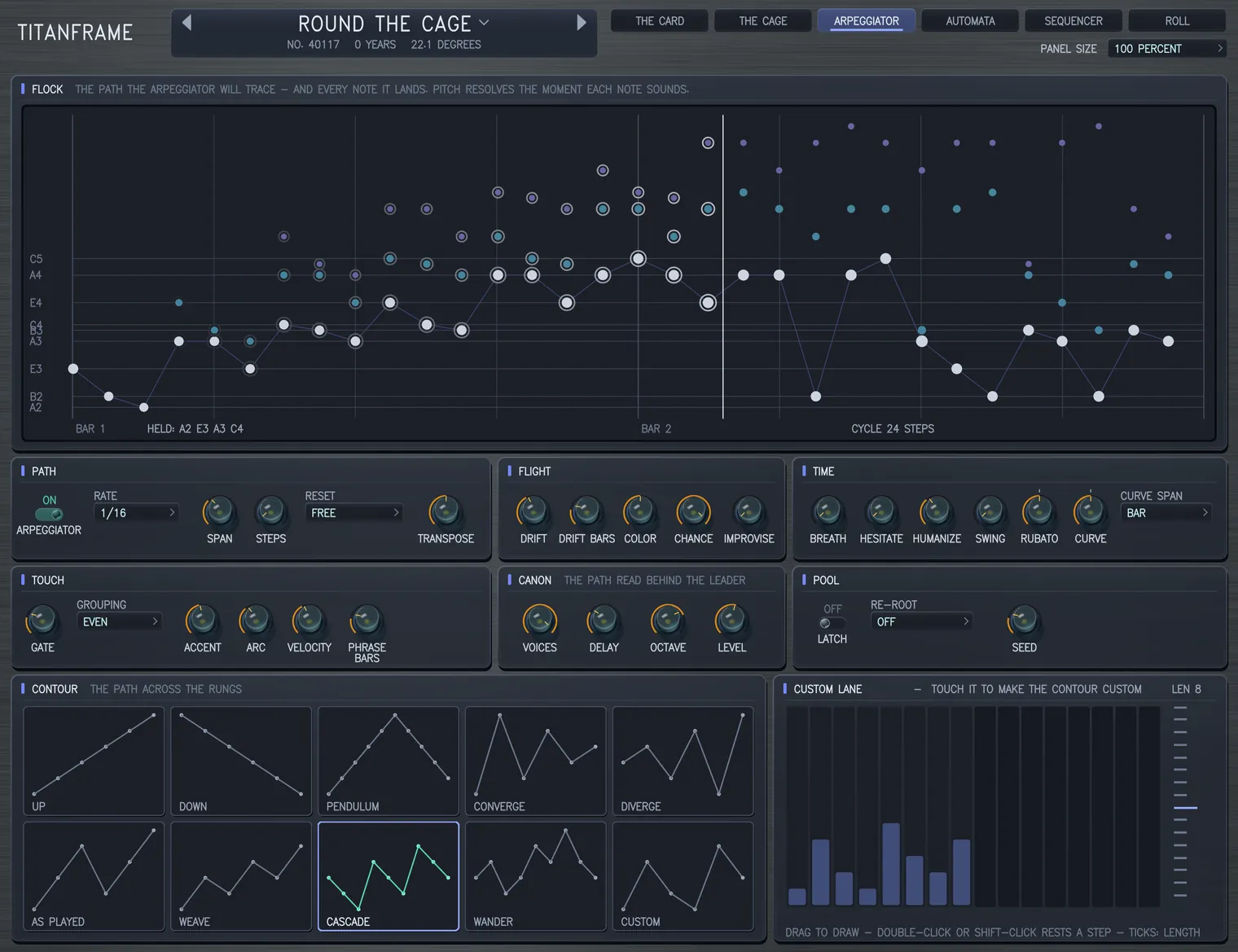 The ARPEGGIATOR page wearing ROUND THE CAGE: the flock's path across two bars with two canon voices above it, the controls, and the ten contours drawn as shapes.
