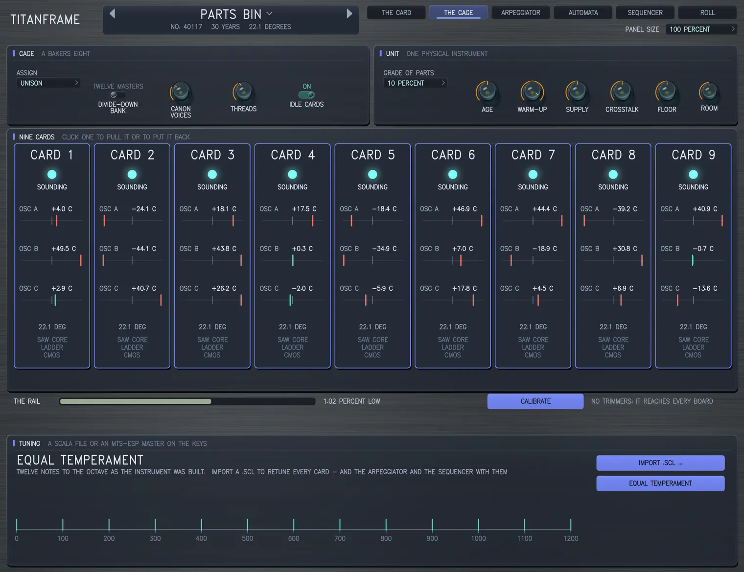 THE CAGE page wearing PARTS BIN: the cage and unit cards above nine glass cards, every one sounding, each showing its oscillators' distance from true in cents, with CALIBRATE and the tuning below.