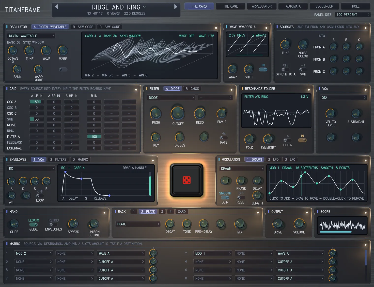 THE CARD page of the Titanframe panel in its glass, wearing RIDGE AND RING: the digital wavetable drawing its whole bank in three dimensions beside the wave wrapper, the grid, the filters and the resonance folder, with the envelopes, the modulation and the matrix below.