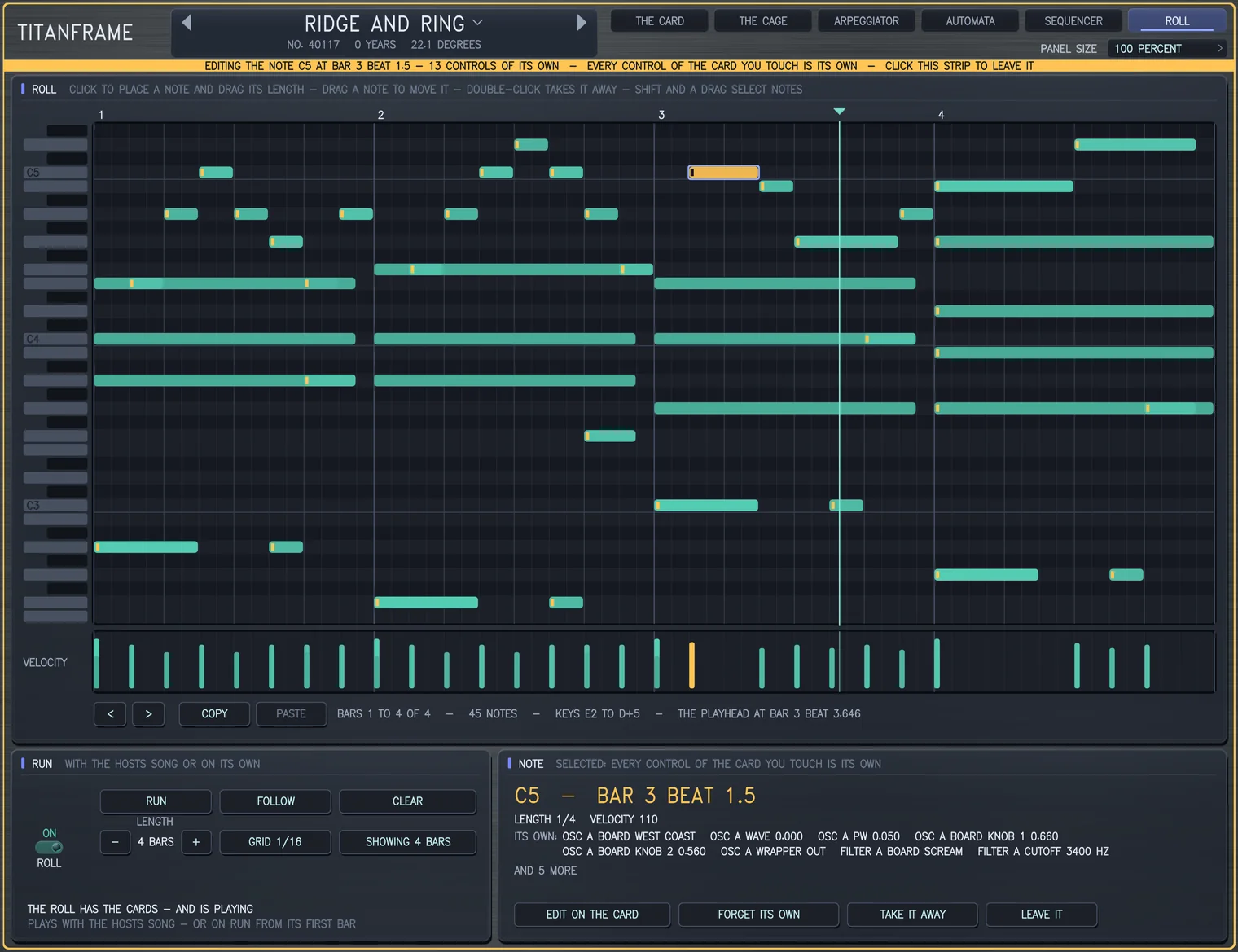 The ROLL page wearing RIDGE AND RING: four bars of notes as mint bars on a piano roll, the playhead in the third bar and one note selected in amber, with the RUN controls and the NOTE card below, listing the controls that note owns.