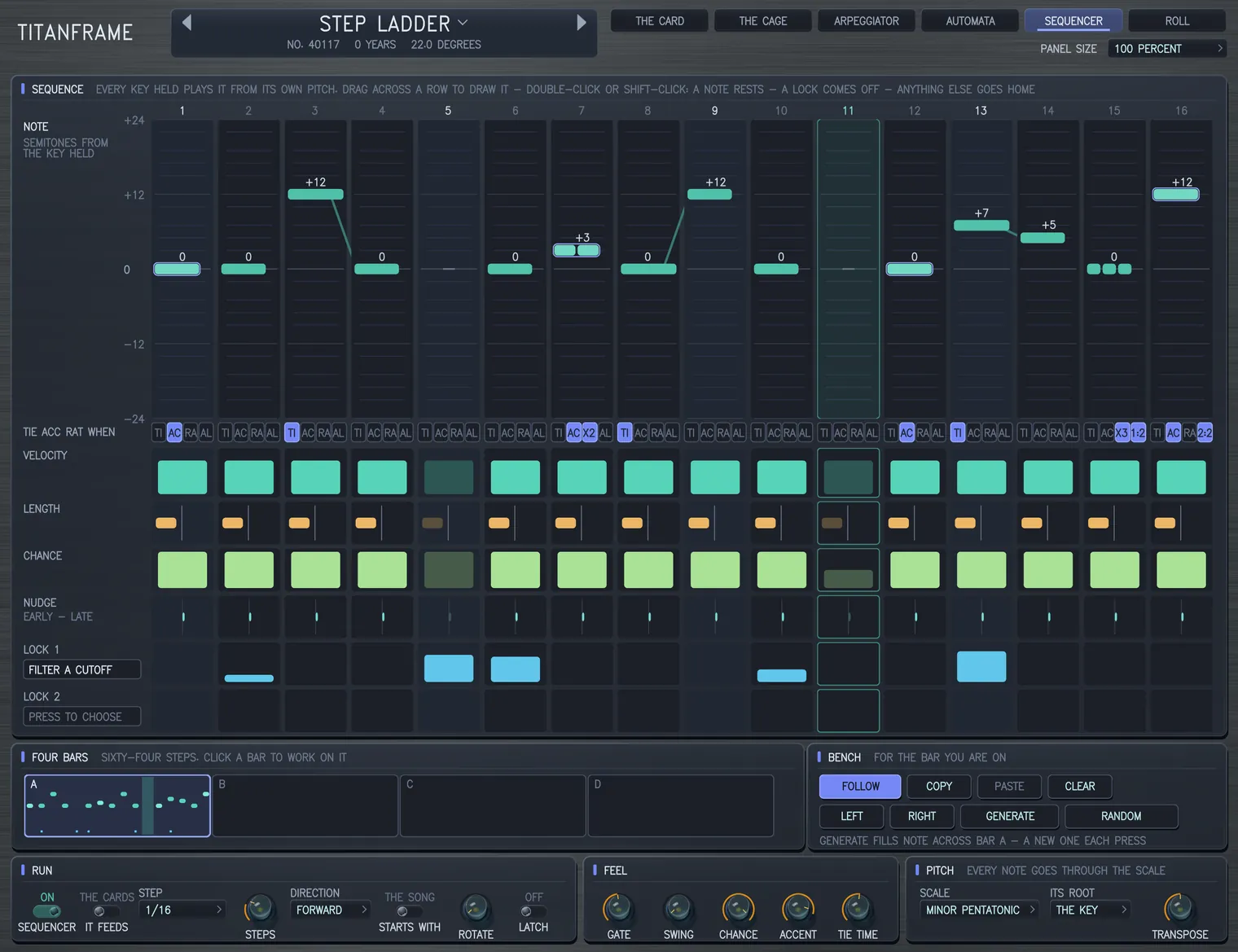 The SEQUENCER page wearing STEP LADDER: notes as mint bars on a roll with ties between them, rows for velocity, length, chance, nudge and a lock, and the four bars below.