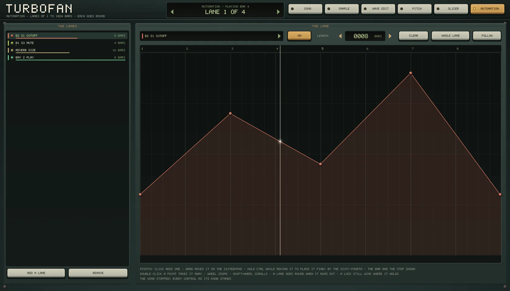 The AUTOMATION view of the Turbofan panel: four lanes listed, a sample's CUTOFF over eight bars, a sample's MUTE, the reverb's SIZE over sixteen bars and bay 2's PLAY, and the first drawn large with its points and the play head.
