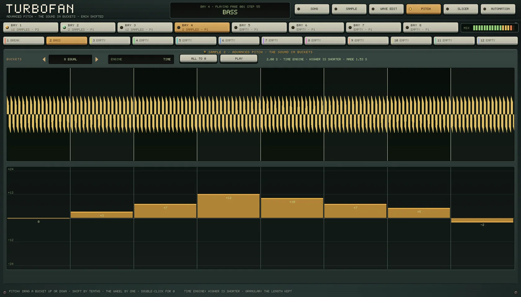 ADVANCED PITCH on bay 4 of the Turbofan panel: a bass cut into eight equal buckets on the TIME engine, shifted 0, +3, +7, +12, +10, +7, +5 and -2 semitones.