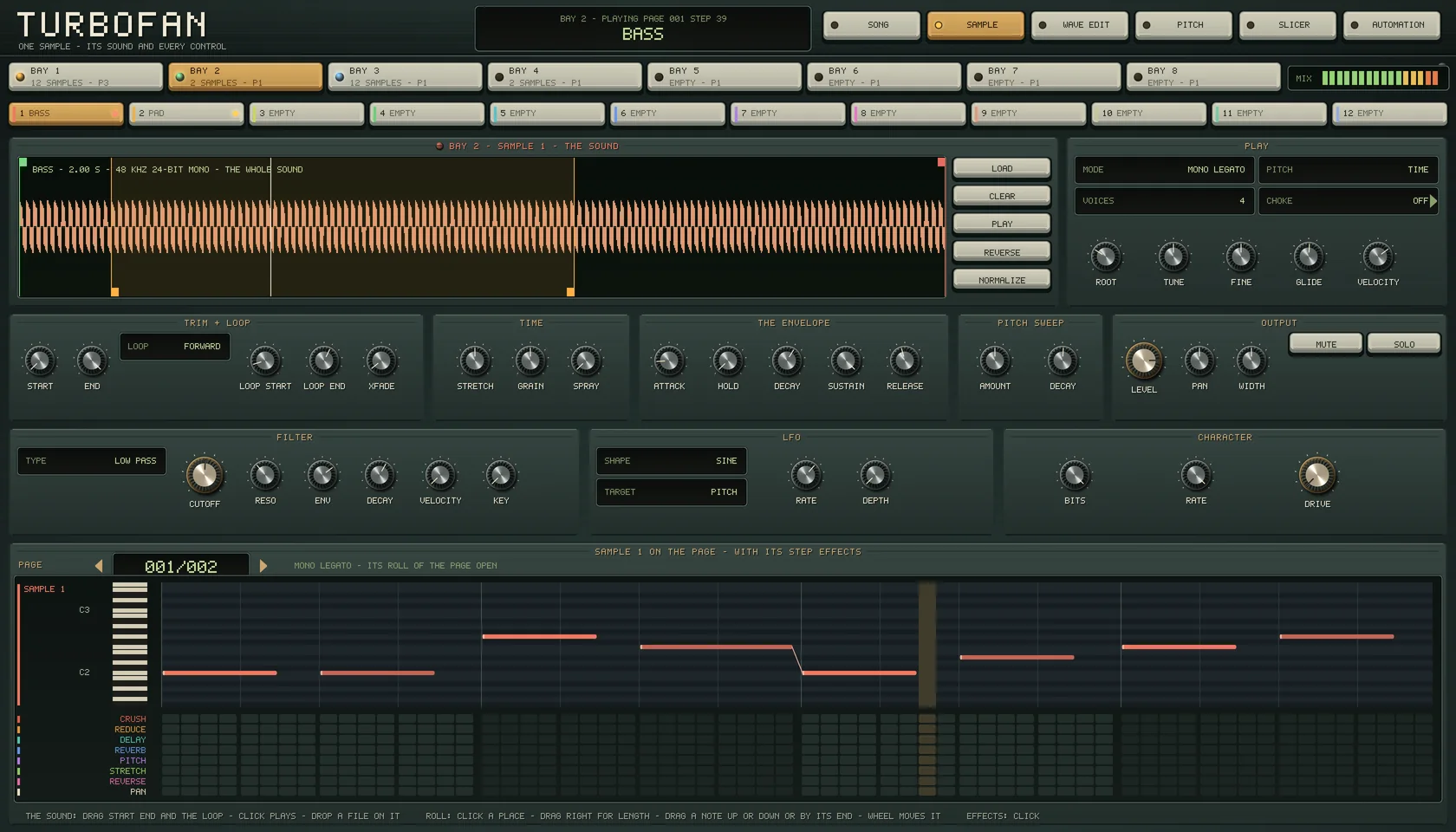 The SAMPLE view of the Turbofan panel: bay 2's bass, two seconds drawn whole with its loop, MONO LEGATO on the TIME engine, the trim and loop, TIME, the envelope, the pitch sweep, the output, the filter on LOW PASS, the LFO and CHARACTER, and the bass's roll of the page beneath, with a slide between two notes.