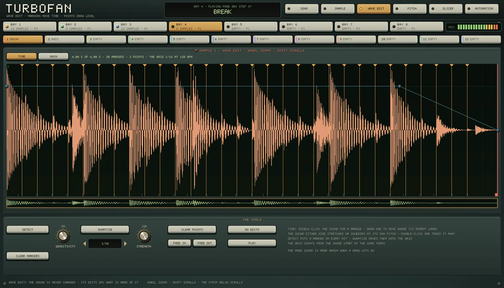 WAVE EDIT on bay 4 of the Turbofan panel: a four-second break drawn whole, thirty markers on its hits moved onto the sixteenths, GAIN points fading its end, and the tools beneath: DETECT, QUANTIZE at 1/16, FADE IN and FADE OUT.