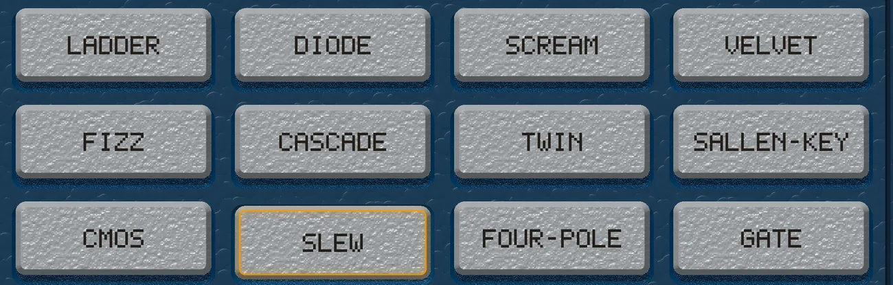 Slot A's twelve buttons: three rows of four, lettered LADDER, DIODE, SCREAM, VELVET; FIZZ, CASCADE, TWIN, SALLEN-KEY; CMOS, SLEW, FOUR-POLE, GATE. SLEW is pressed down and lit in orange, and under the rows a line reads SLEW-LIMITED PAIR - LOUDER IS DARKER AND ITS RESONANCE IS TRAPEZOIDS, with LOWPASS under that.