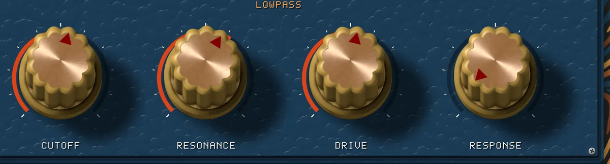 Four scalloped brass dials on the hammered blue plate - CUTOFF, RESONANCE, DRIVE and RESPONSE - each with an oxblood pointer and a lit arc showing how far it is turned.