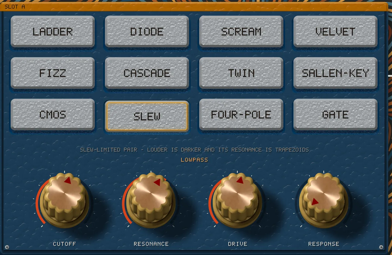 Slot A whole: the twelve latching buttons with SLEW down and lit, the line describing it underneath, and the four brass dials - CUTOFF, RESONANCE, DRIVE, RESPONSE - on the hammered blue plate, screwed down at the corners.