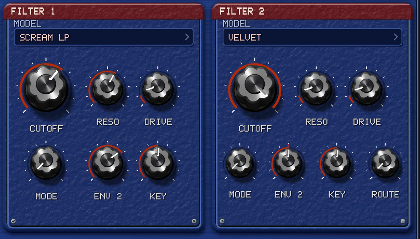 The two filter boxes on the panel. FILTER 1 has a model window reading SCREAM LP with CUTOFF, RESO and DRIVE above MODE, ENV 2 and KEY. FILTER 2 reads VELVET and carries the same six knobs plus a ROUTE knob that runs the pair from series to parallel.
